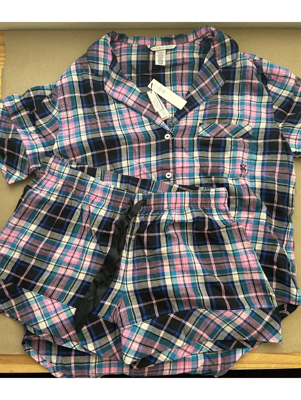 Victoria Secret 2 Piece Flannel Pajama Short Set Pink/Purple Blue - size S NWT
